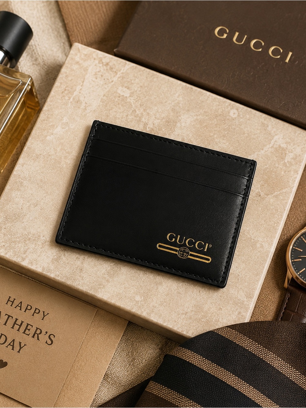 Gucci Black Leather Card Holder Slim Wallet Gold Logo Men’s Unisex